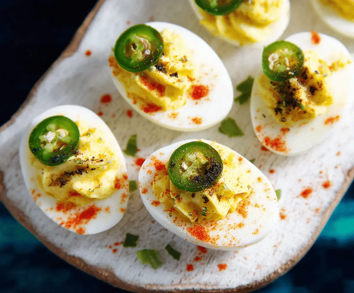 Close-up of spicy jalapeño deviled eggs garnished with paprika and fresh herbs.