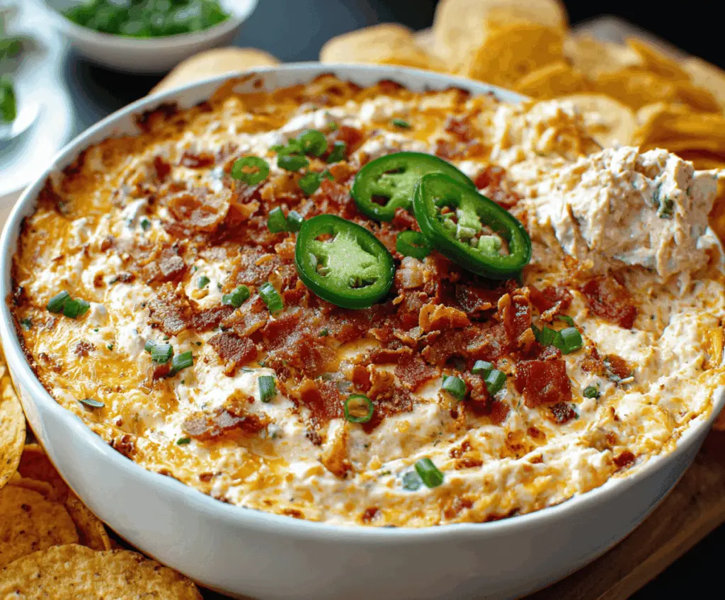 Creamy jalapeño popper dip topped with melted cheese and crispy bacon slices for a spicy appetizer.