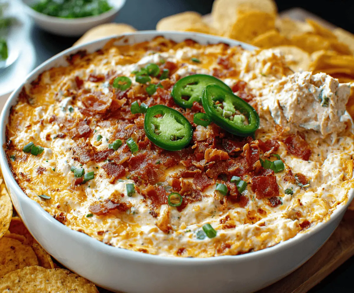 Creamy jalapeño popper dip topped with melted cheese and crispy bacon slices for a spicy appetizer.