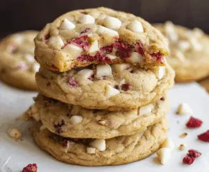 Delicious jumbo raspberry and white chocolate cookies on a baking tray, perfect for dessert lovers.