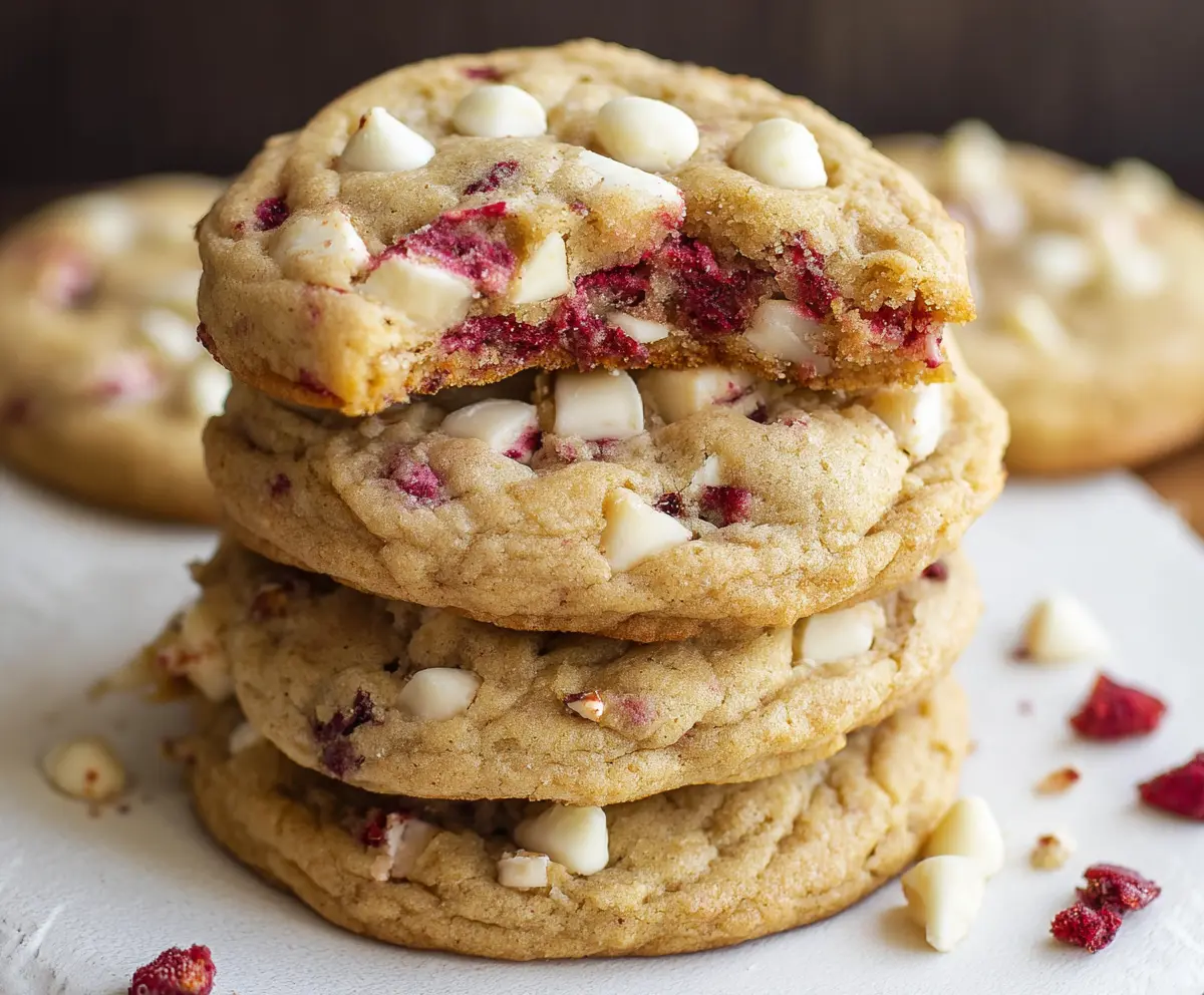 Delicious jumbo raspberry and white chocolate cookies on a baking tray, perfect for dessert lovers.