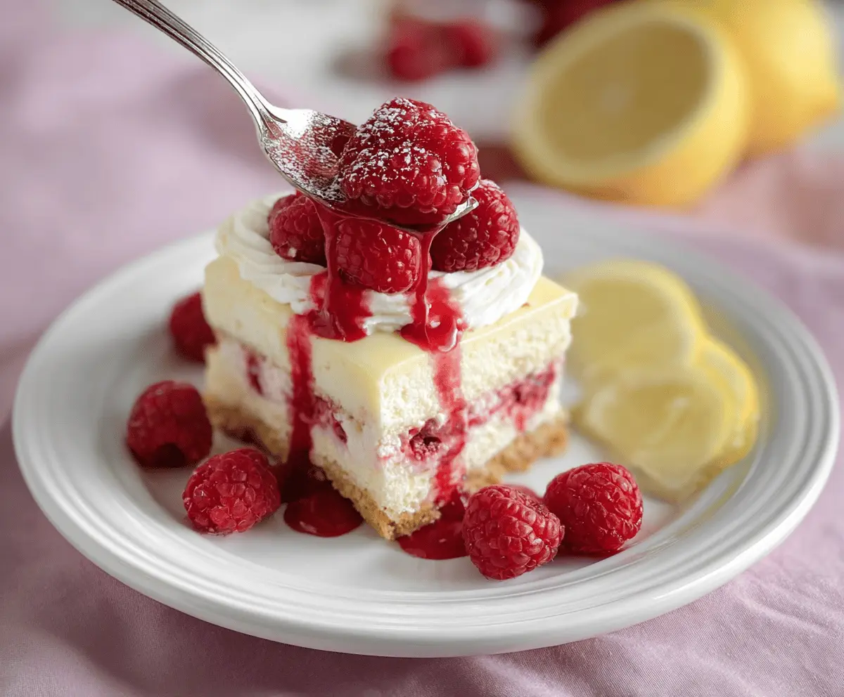 Delicious Lemon Raspberry Cheesecake with a creamy texture and fresh fruit topping