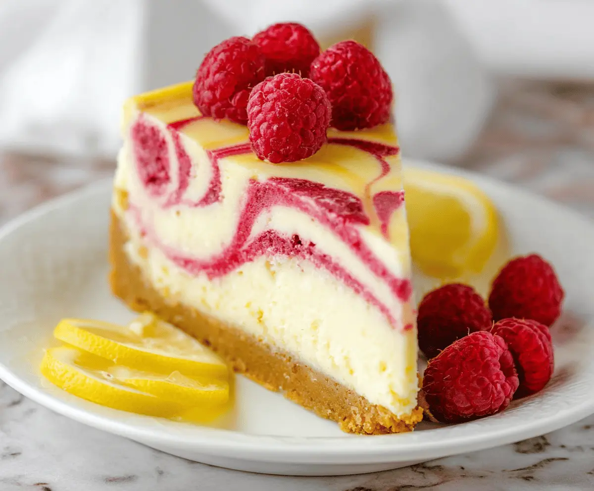 Delicious Lemon Raspberry Swirl Cheesecake with a creamy texture and vibrant fruit swirls.