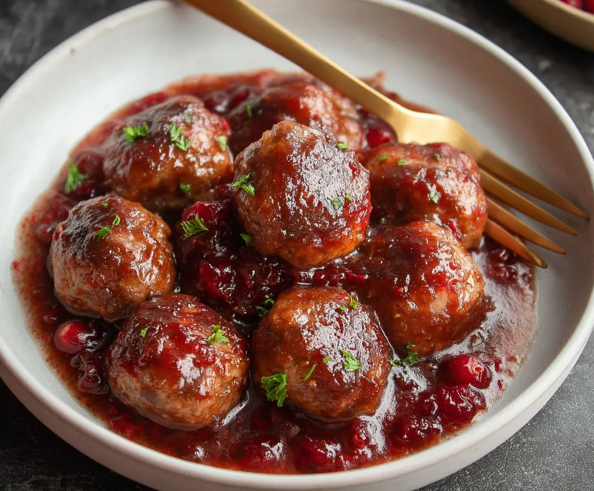 Delicious meatballs served in rich cranberry sauce, perfect for holiday appetizers.