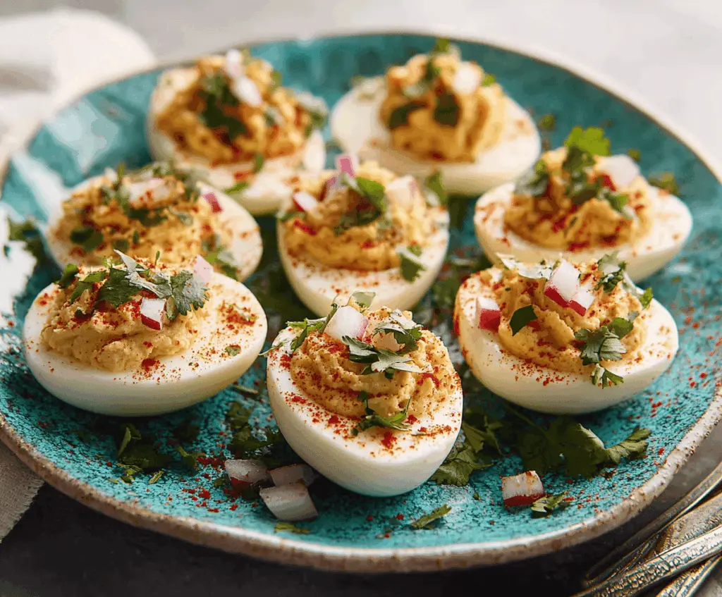 Delicious Mexican deviled eggs garnished with fresh herbs on a vibrant plate.