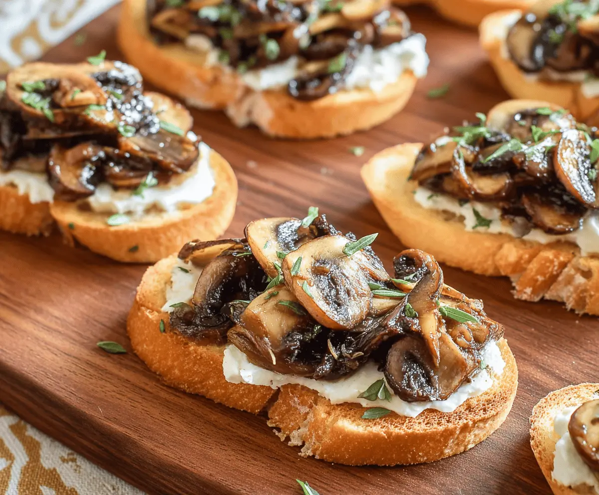 Delicious Mushroom Crostini with sautéed mushrooms and fresh herbs on toasted baguette slices.