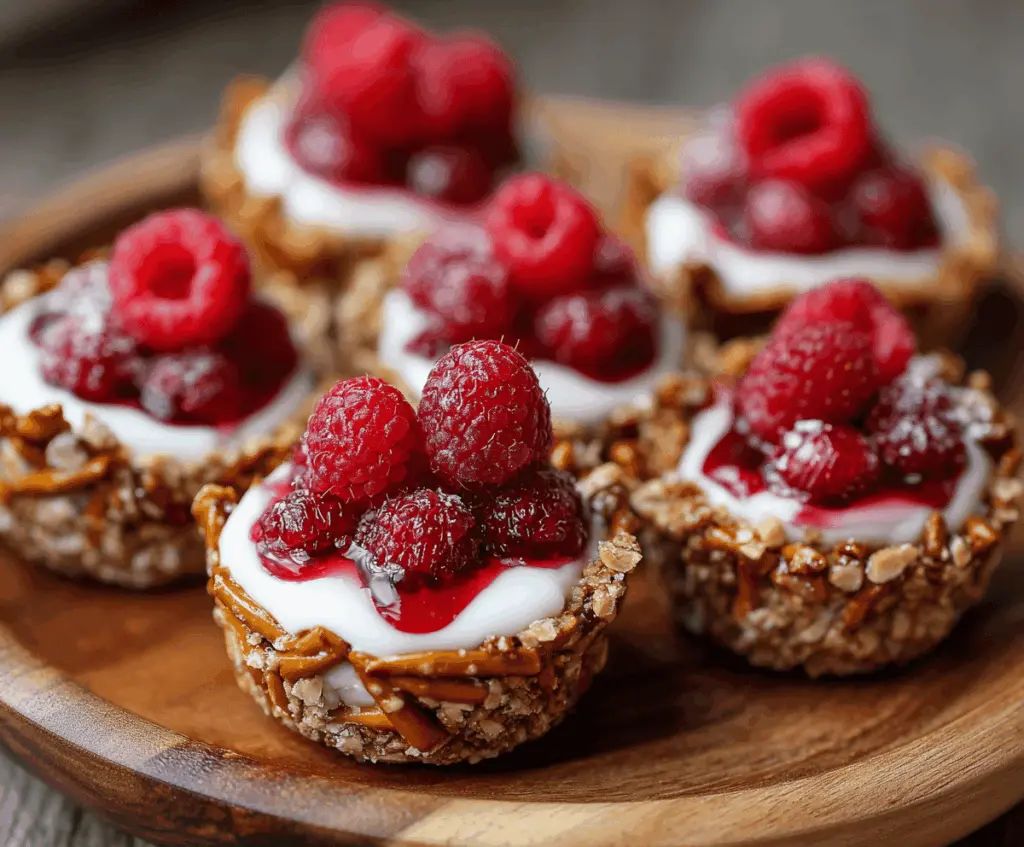 Delicious no-bake raspberry pretzel cups with creamy filling and fresh raspberries on top