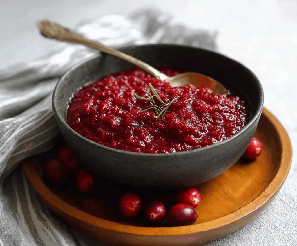 Easy no-cook cranberry sauce in a glass bowl with fresh cranberries and orange slices.