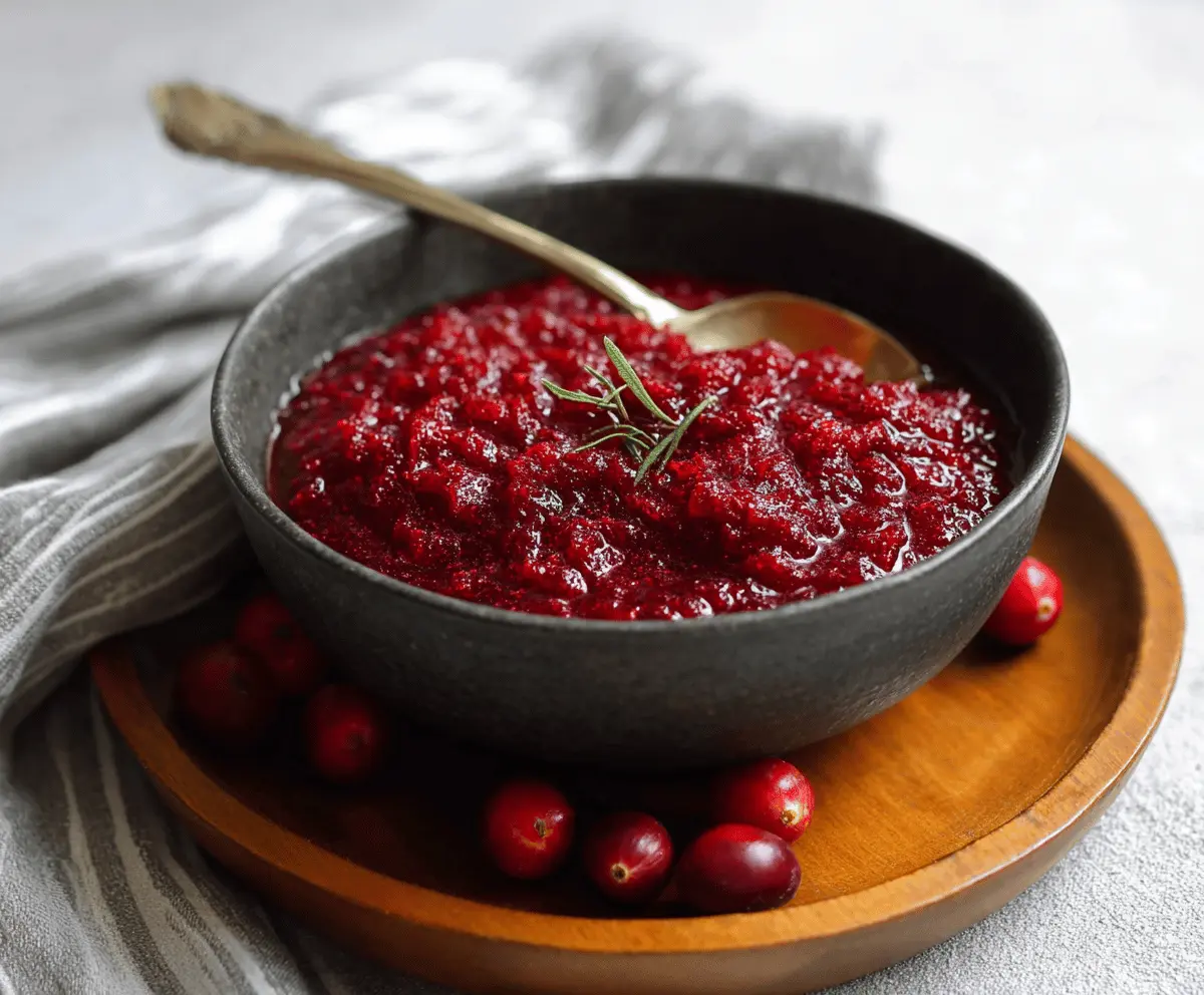 Easy no-cook cranberry sauce in a glass bowl with fresh cranberries and orange slices.
