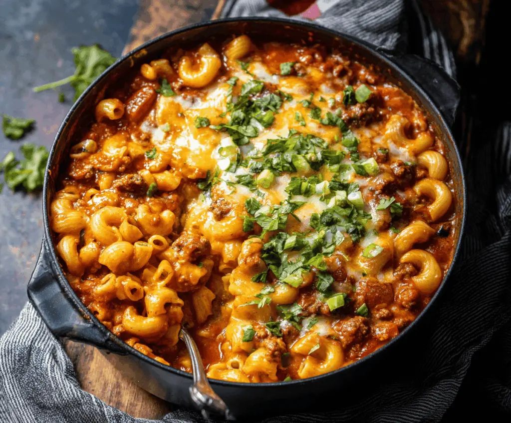 Delicious one pot chili mac and cheese in a skillet, featuring melted cheese, seasoned chili, and pasta.
