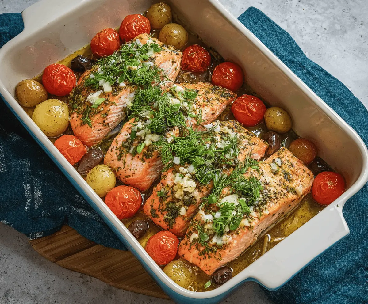Baked Greek-style salmon fillet with herbs and lemon on a baking tray.