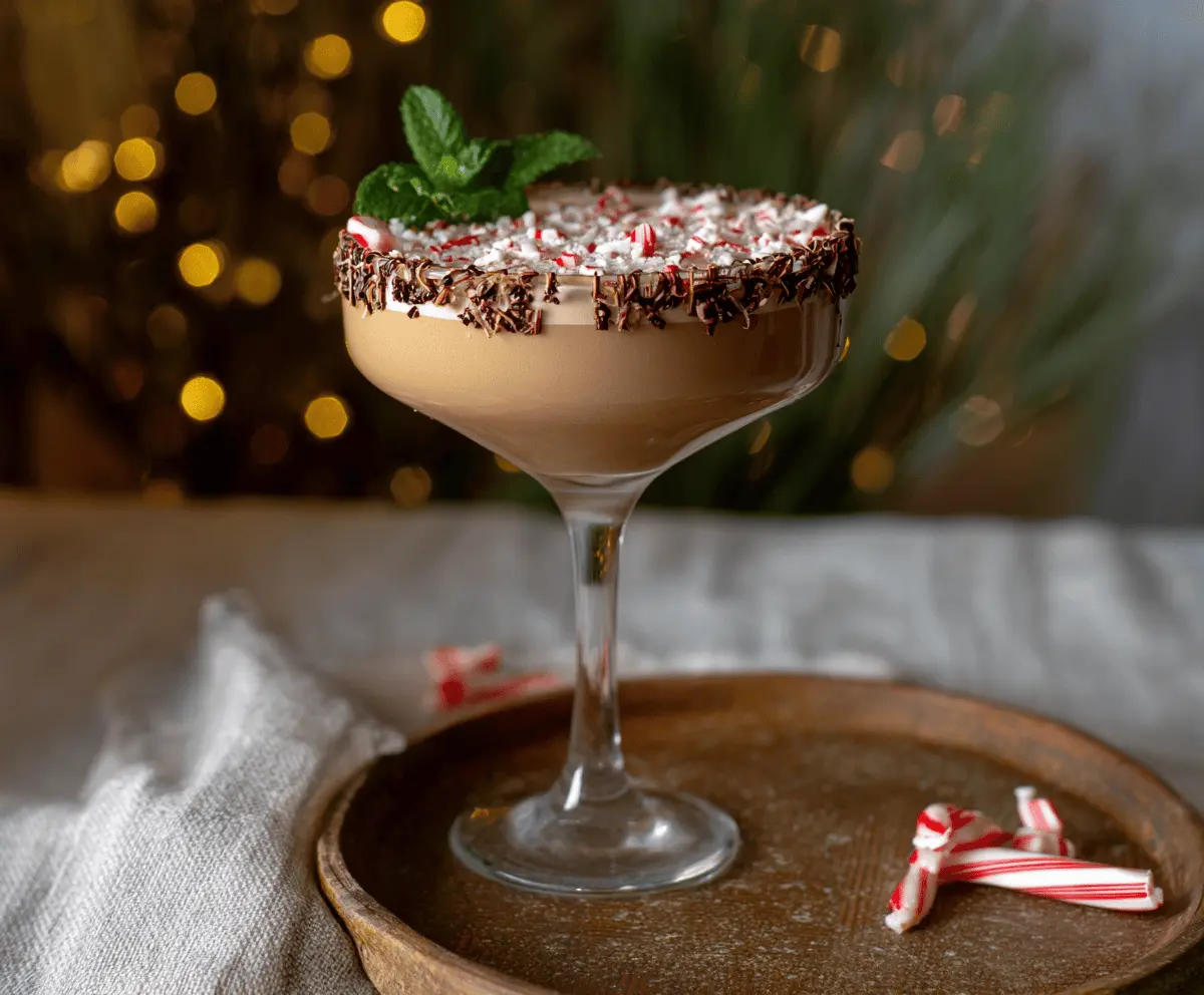 Delicious Peppermint Mocha Martini garnished with peppermint and chocolate shavings