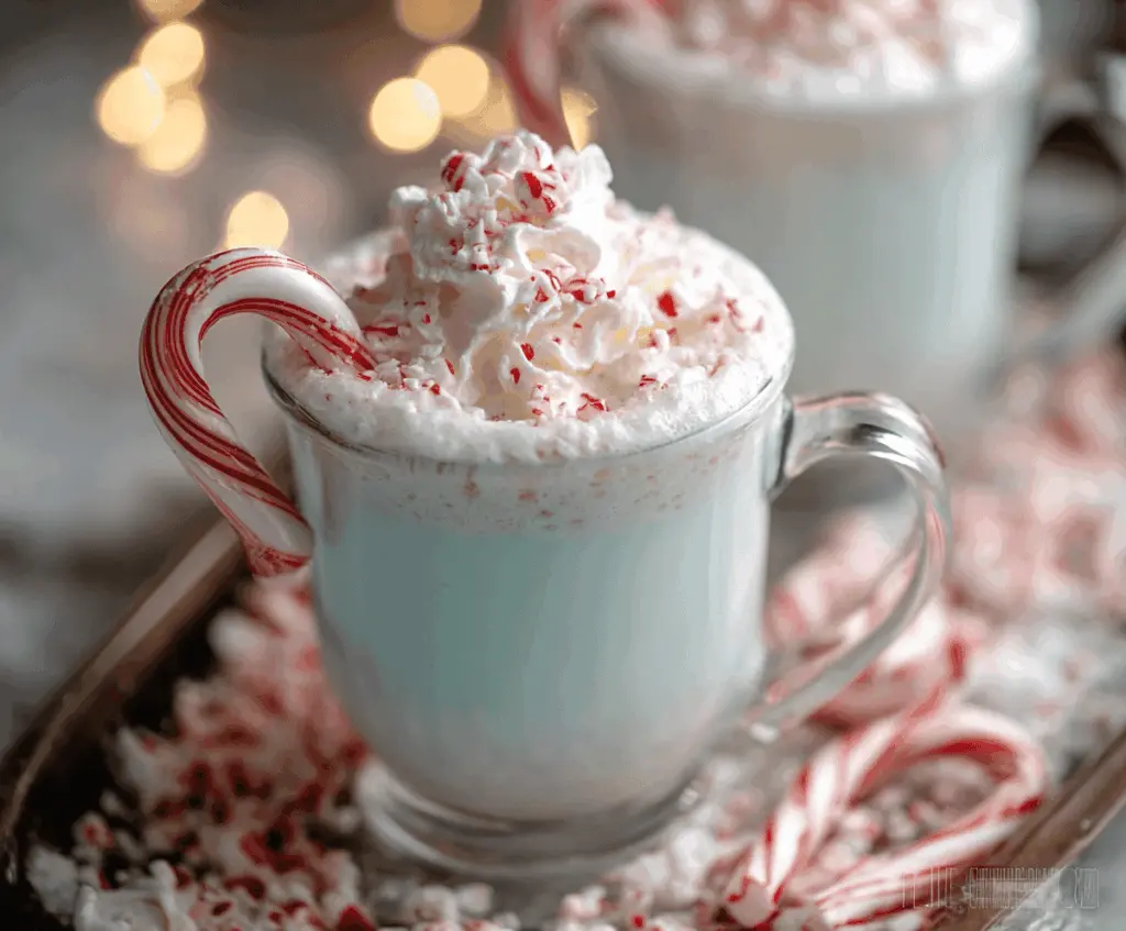 Creamy peppermint white hot chocolate topped with whipped cream and crushed peppermint candies.