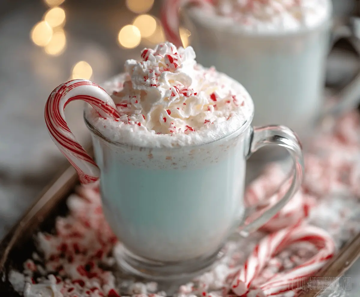 Creamy peppermint white hot chocolate topped with whipped cream and crushed peppermint candies.