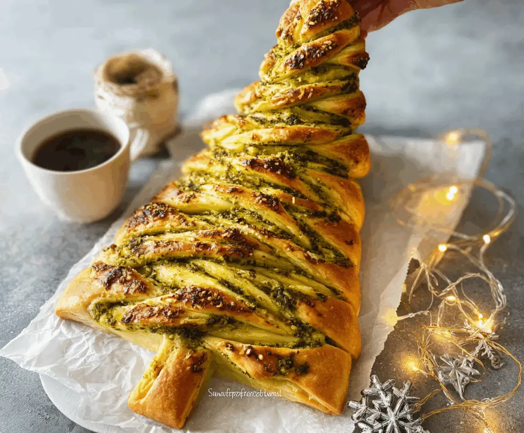 Delicious Pesto Christmas Tree Pull-Apart Bread garnished with fresh herbs for holiday festivities.