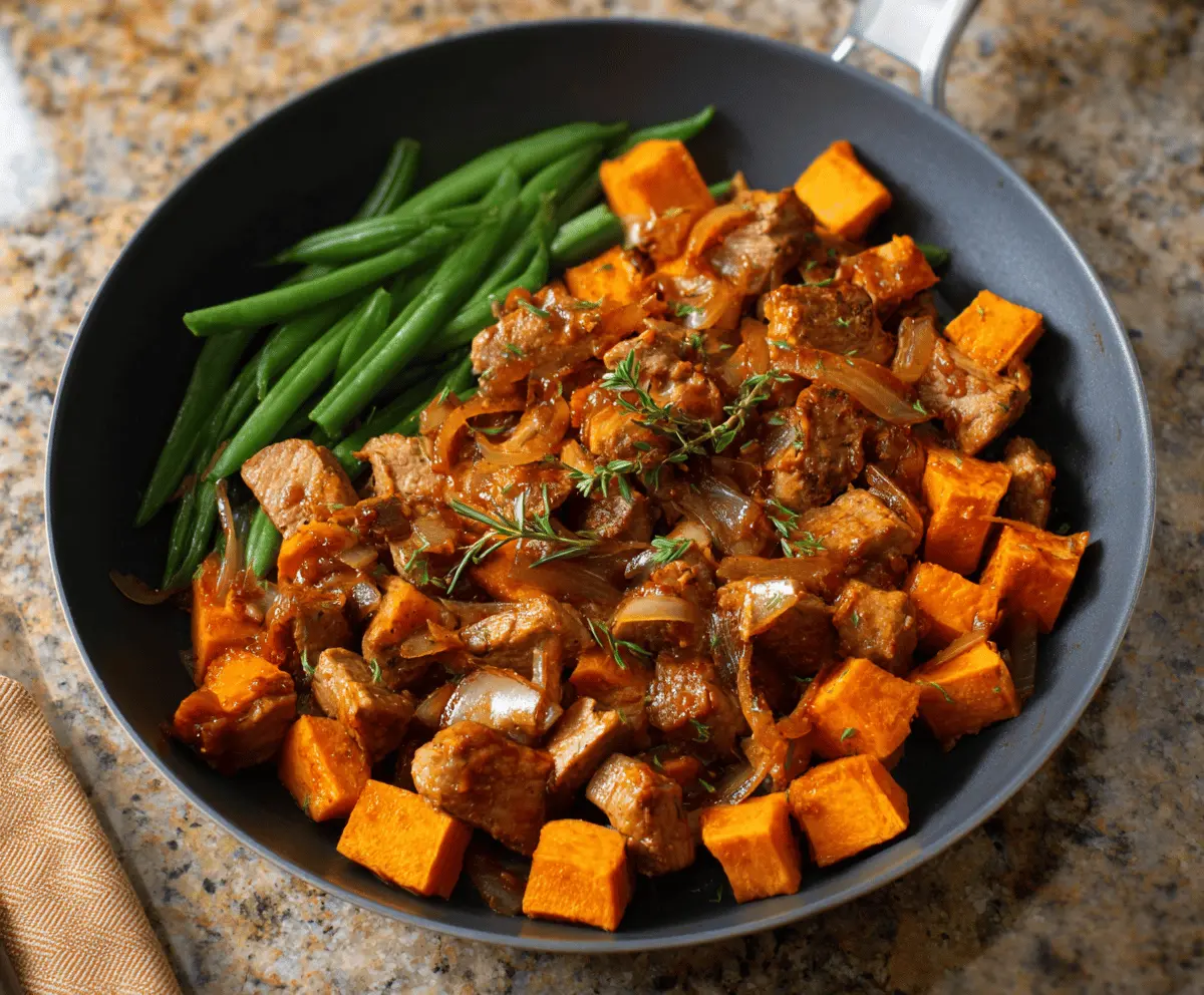 Delicious pork and sweet potato skillet dish served in a skillet with fresh herbs