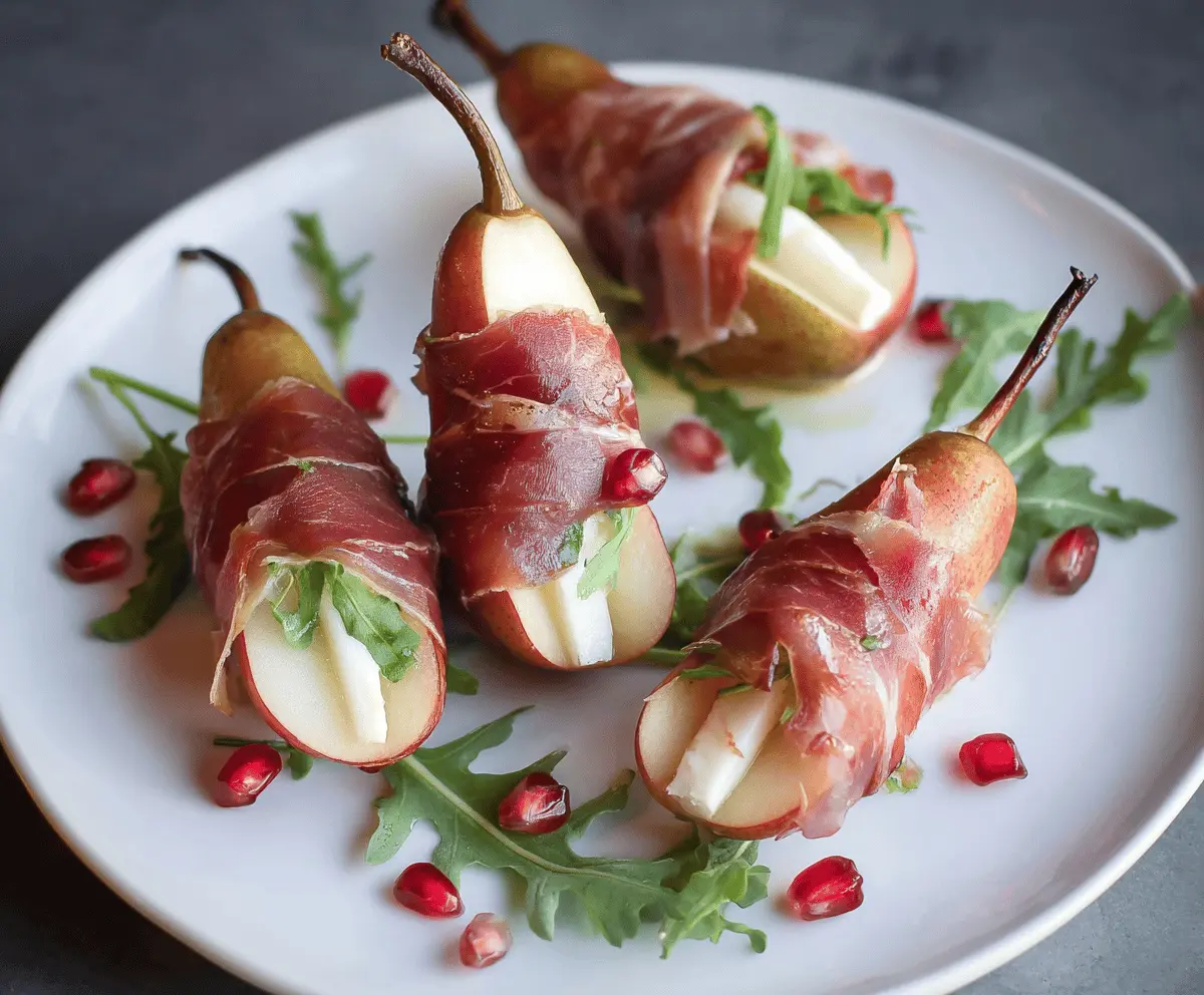 Delicious prosciutto-wrapped pears with a golden-brown exterior, served as a savory appetizer.