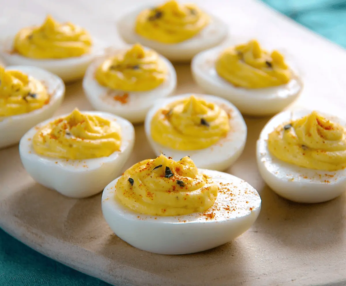 Creamy ranch-flavored deviled eggs garnished with herbs, perfect for appetizers.