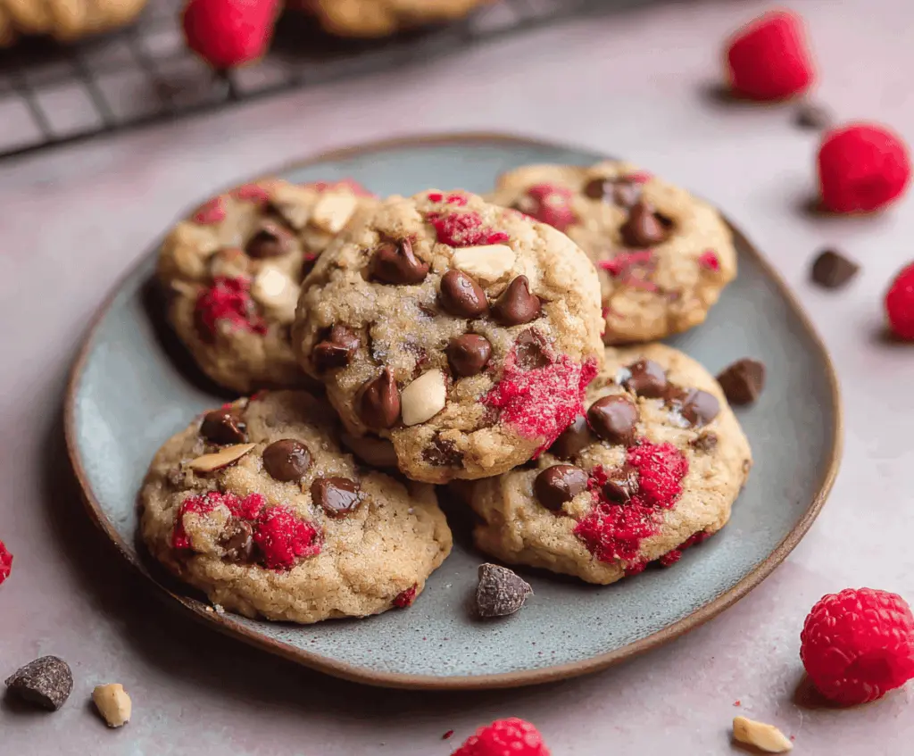 Delicious Raspberry Almond Chocolate Chip Cookies fresh out of the oven with vibrant red raspberries and crunchy almonds.