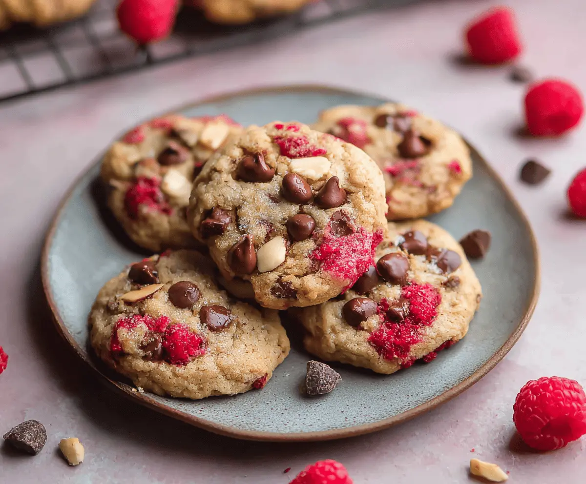 Delicious Raspberry Almond Chocolate Chip Cookies fresh out of the oven with vibrant red raspberries and crunchy almonds.