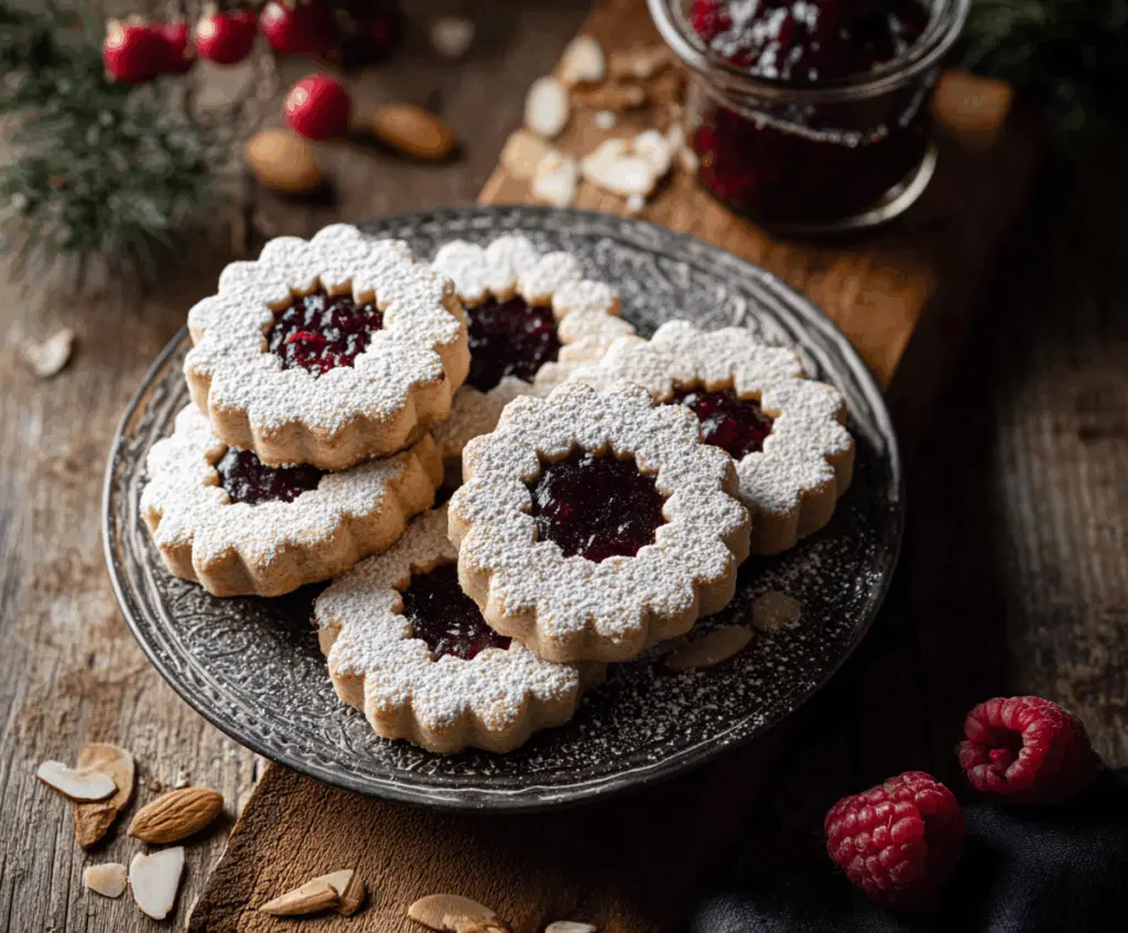 Delicious Raspberry Almond Linzer Cookies with raspberry filling and powdered sugar dusting.