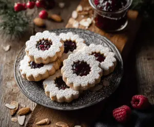Delicious Raspberry Almond Linzer Cookies with raspberry filling and powdered sugar dusting.
