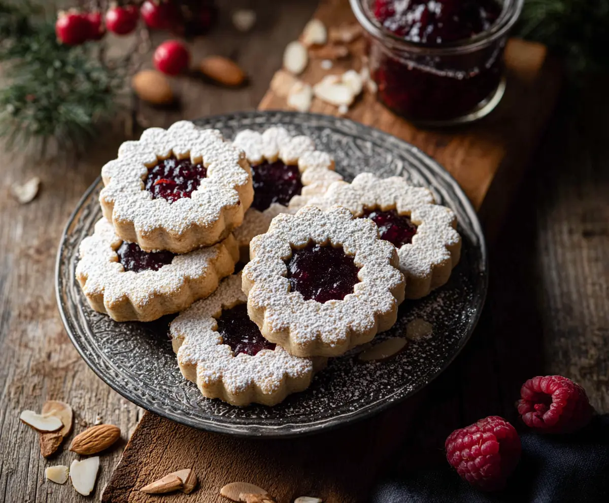 Delicious Raspberry Almond Linzer Cookies with raspberry filling and powdered sugar dusting.