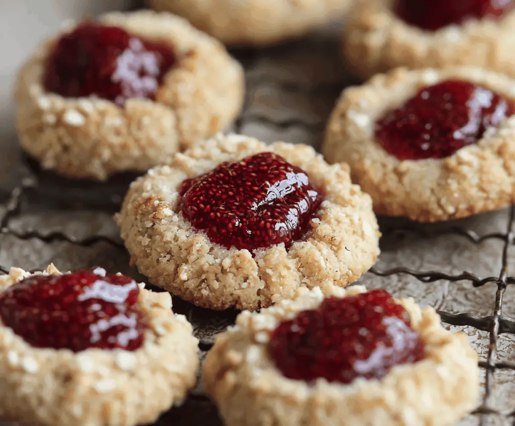 Delicious raspberry and hazelnut thumbprint cookies on a plate, perfect for a sweet treat or dessert.