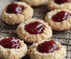 Delicious raspberry and hazelnut thumbprint cookies on a plate, perfect for a sweet treat or dessert.