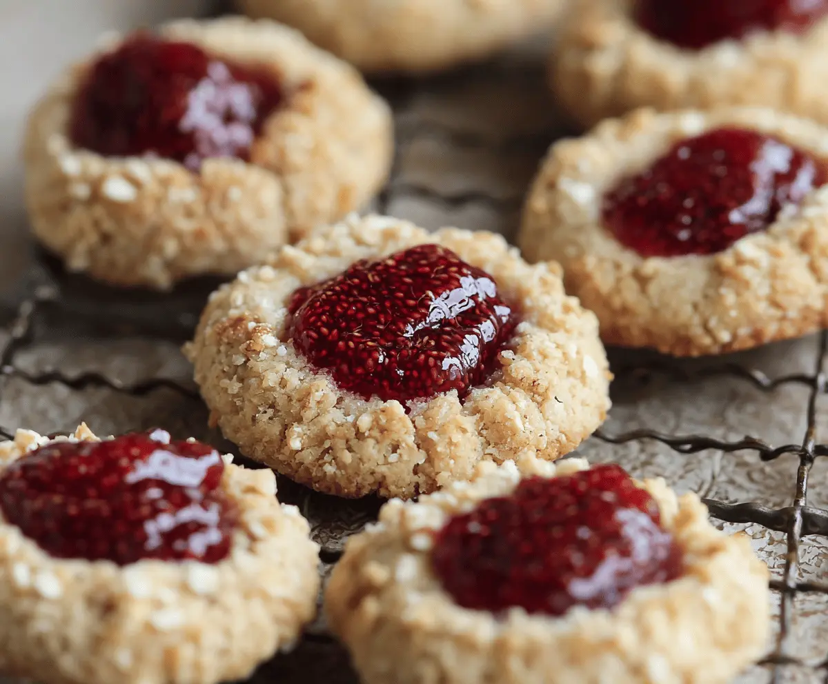 Delicious raspberry and hazelnut thumbprint cookies on a plate, perfect for a sweet treat or dessert.