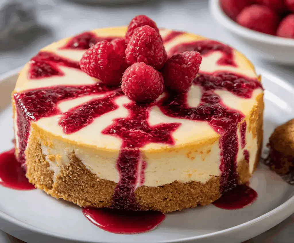 Delicious Raspberry Cheesecake with fresh raspberries and creamy filling on a elegant dessert plate.