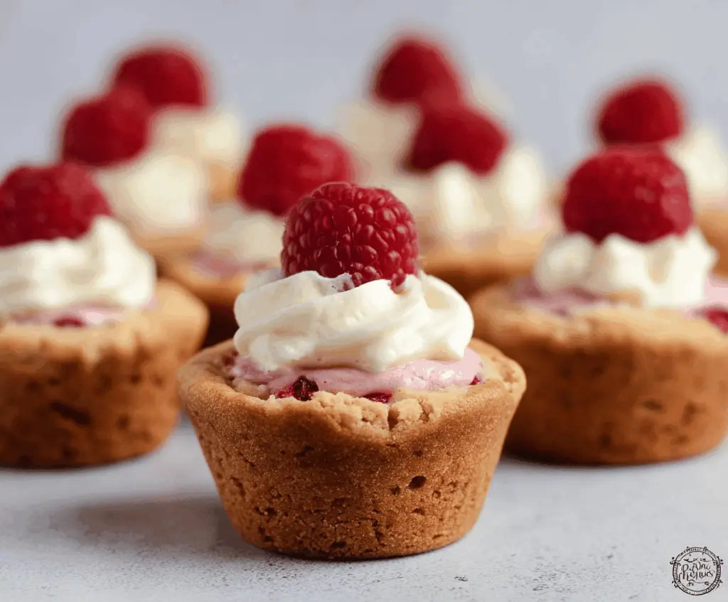 Delicious Raspberry Cheesecake Cookie Cups with fresh raspberries and creamy cheese filling