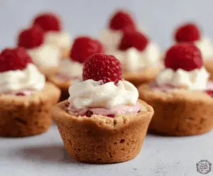 Delicious Raspberry Cheesecake Cookie Cups with fresh raspberries and creamy cheese filling