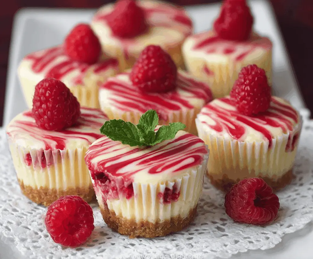 Delicious raspberry cheesecake cupcakes with creamy filling and fresh raspberries on top.