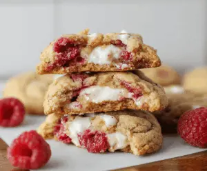Delicious raspberry cheesecake stuffed cookies with a golden crust and creamy filling, perfect for dessert lovers.