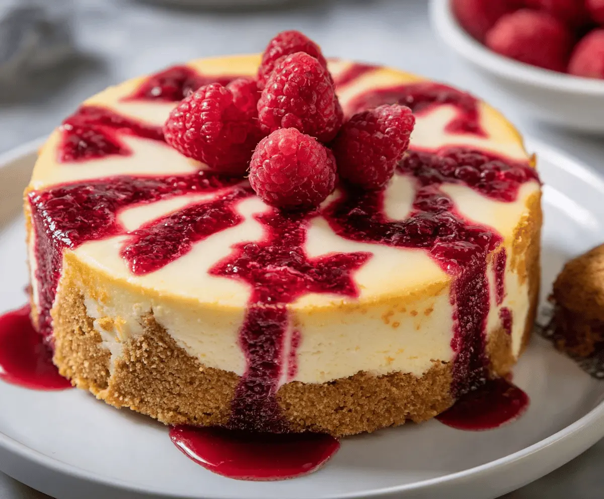 Delicious Raspberry Cheesecake with fresh raspberries and creamy filling on a elegant dessert plate.