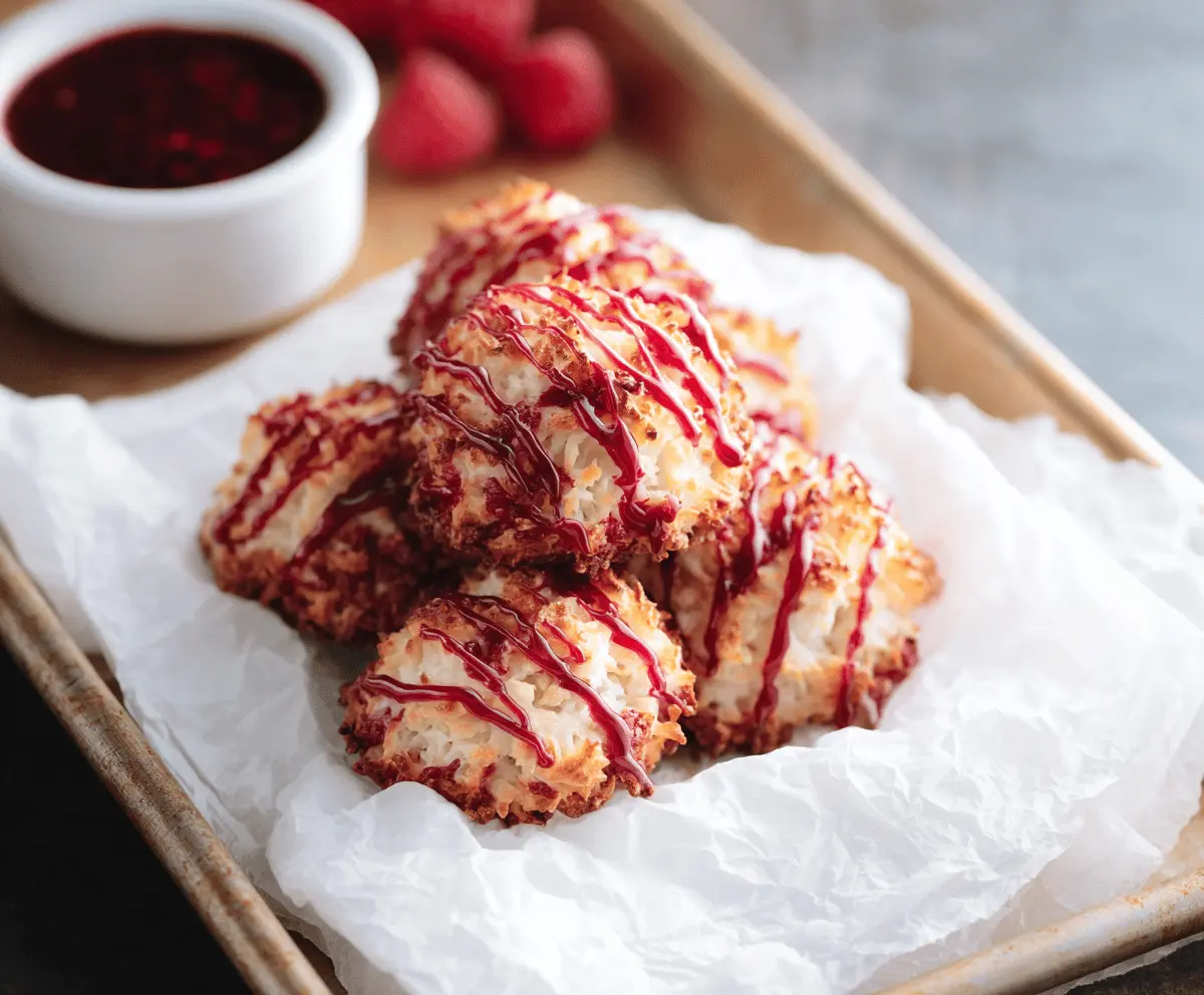 Delicious Raspberry Coconut Macaroons Cookies on a plate, showcasing golden-brown exterior and vibrant raspberry accents.
