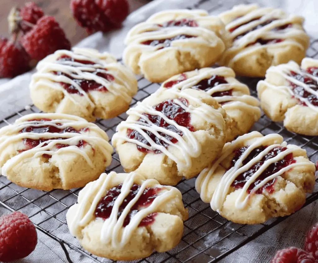 Delicious Raspberry Drizzle Shortbread Cookies with vibrant berry topping and buttery texture.