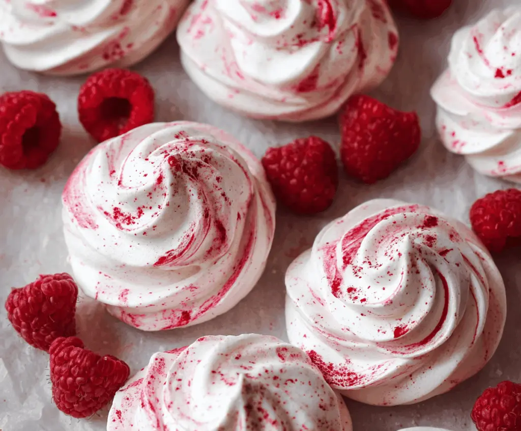 Delicious Raspberry Meringue Cookies on a white plate with fresh raspberries