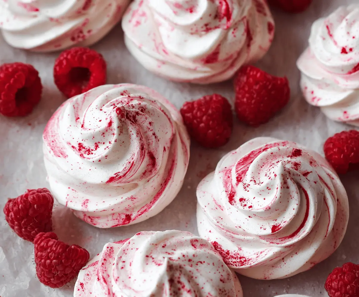 Delicious Raspberry Meringue Cookies on a white plate with fresh raspberries