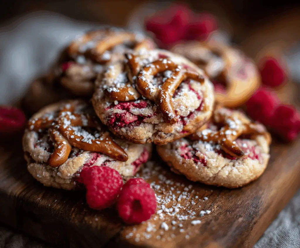 Delicious Raspberry Pretzel Cookies with a crunchy pretzel crust and fresh raspberry topping.