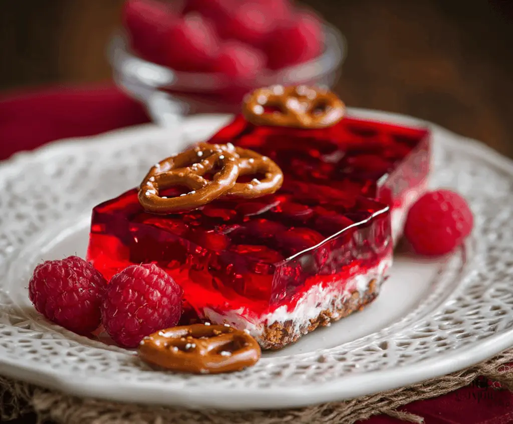 Delicious Raspberry Pretzel Jello dessert with a vibrant red jelly topping on a serving plate.