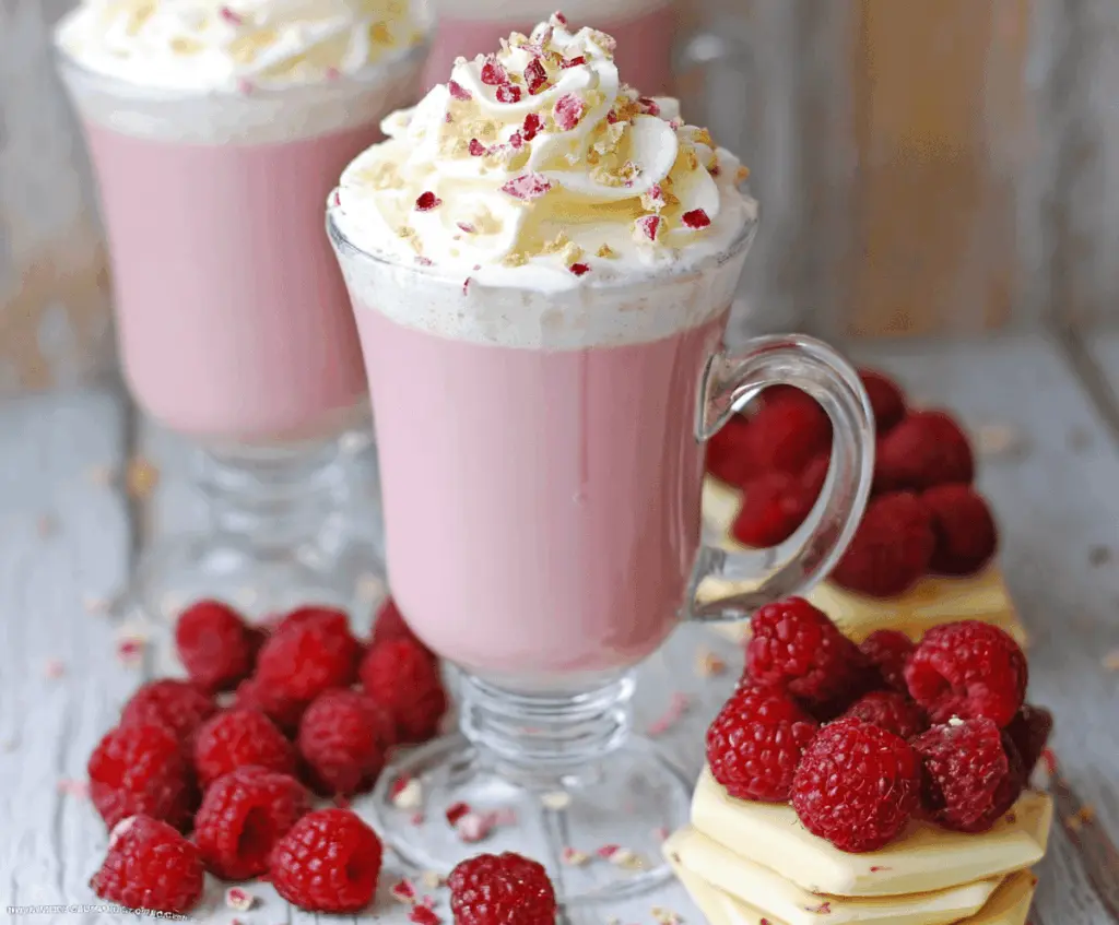 Creamy raspberry white hot chocolate in a mug topped with whipped cream and fresh raspberries.