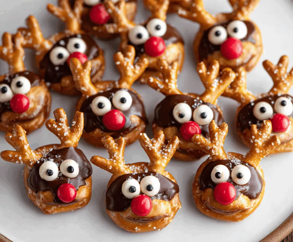 Delicious Reindeer Pretzel Bites with festive chocolate and pretzel antlers for holiday treats