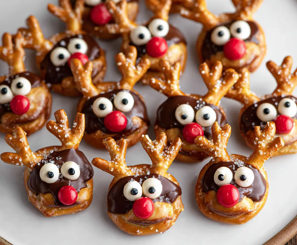 Delicious Reindeer Pretzel Bites with festive chocolate and pretzel antlers for holiday treats
