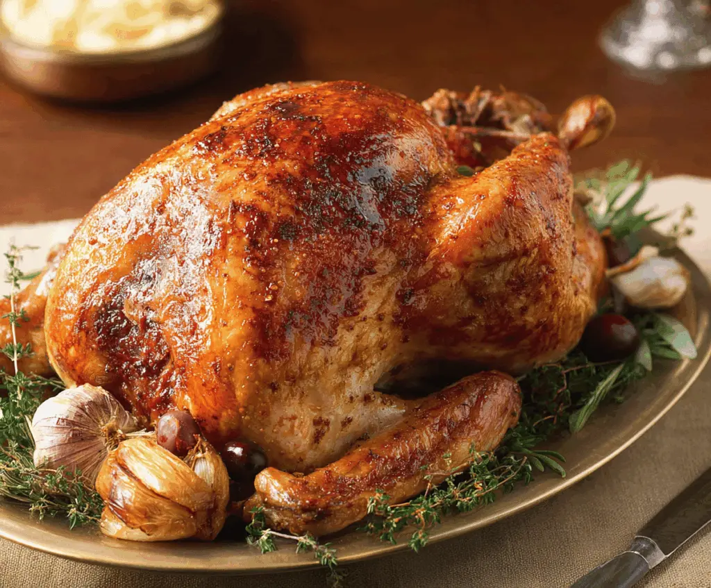 Juicy roasted turkey garnished with herbs on a festive dinner table.
