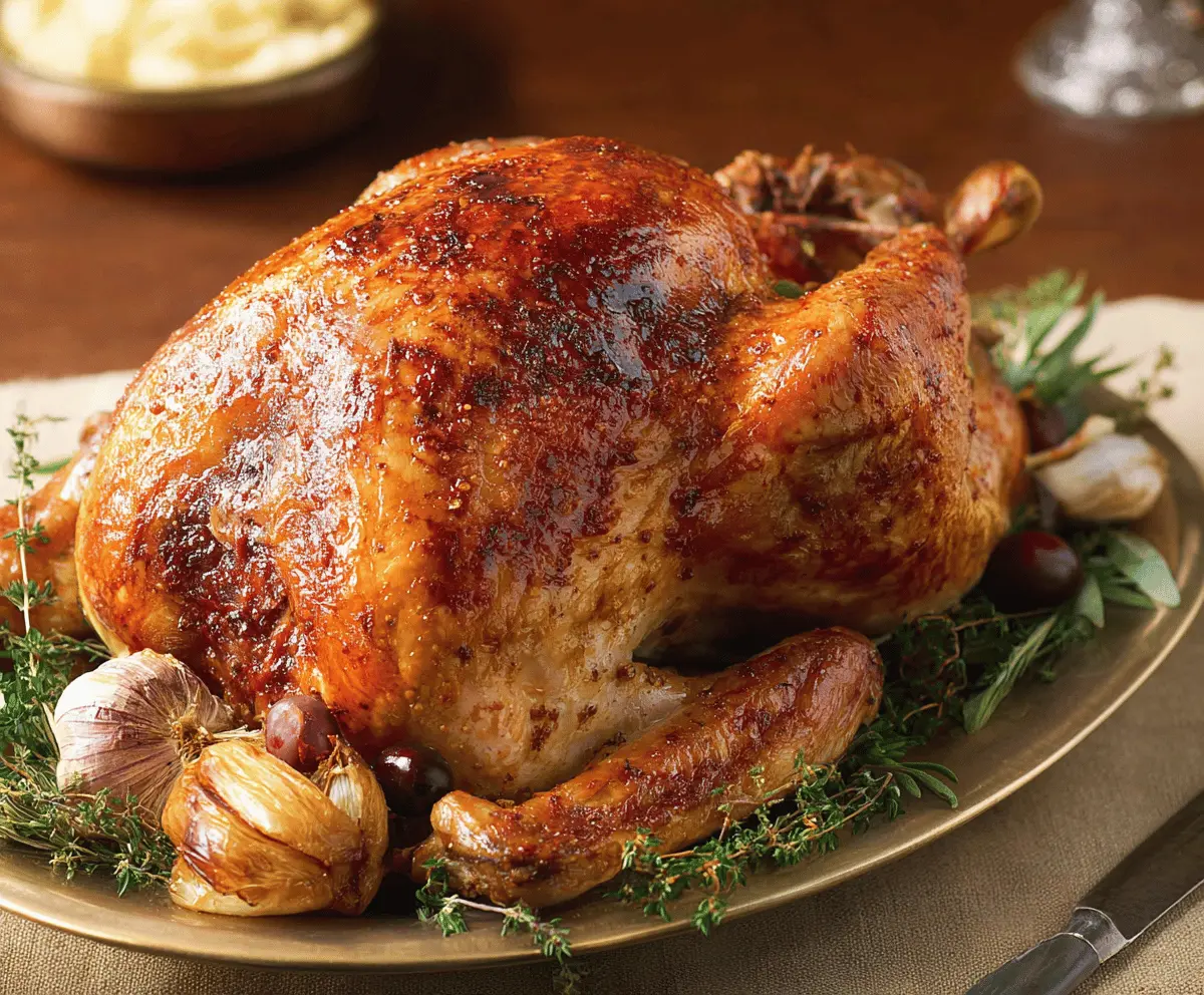 Juicy roasted turkey garnished with herbs on a festive dinner table.