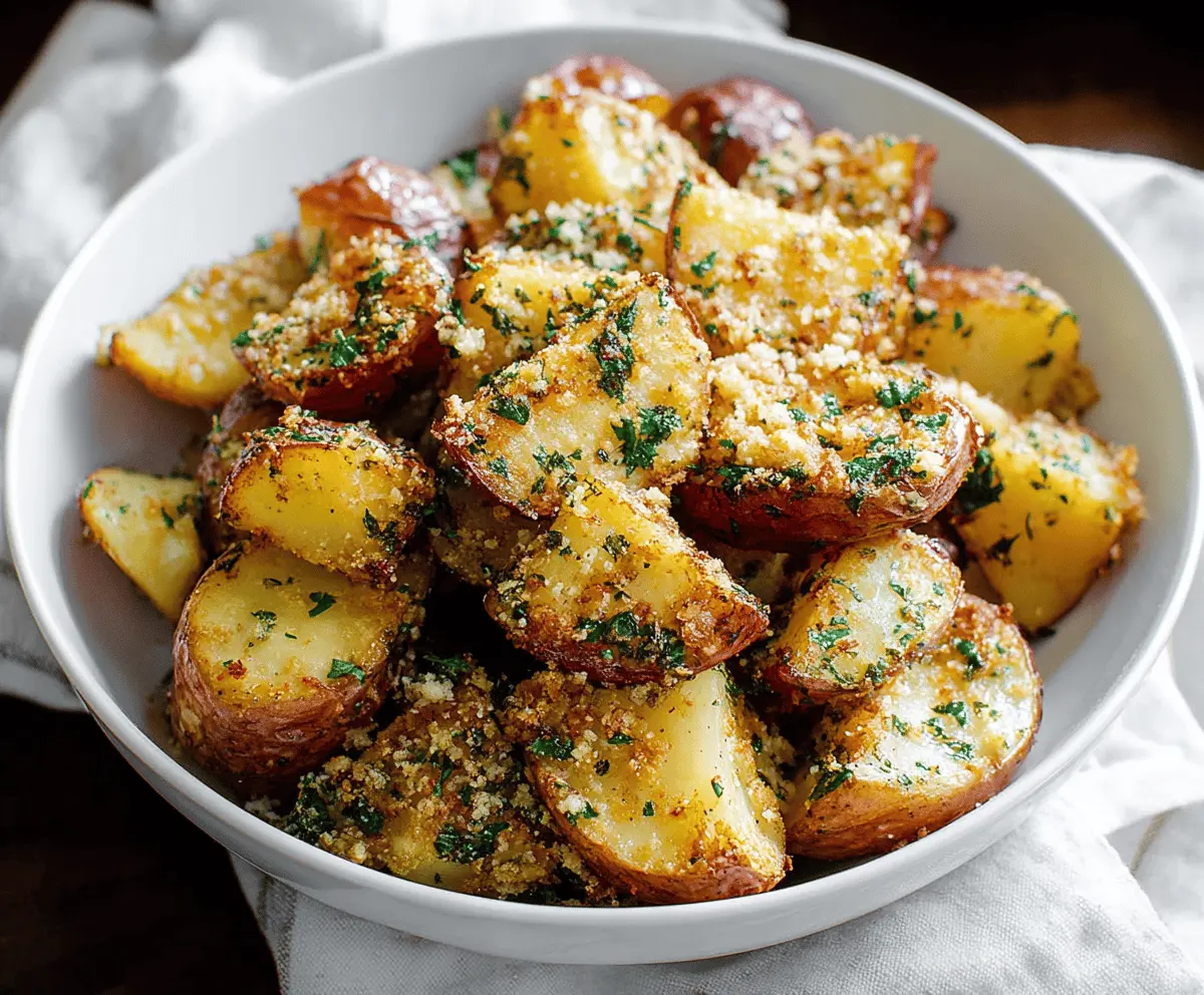 Golden roasted garlic Parmesan potatoes served on a plate, topped with fresh herbs.