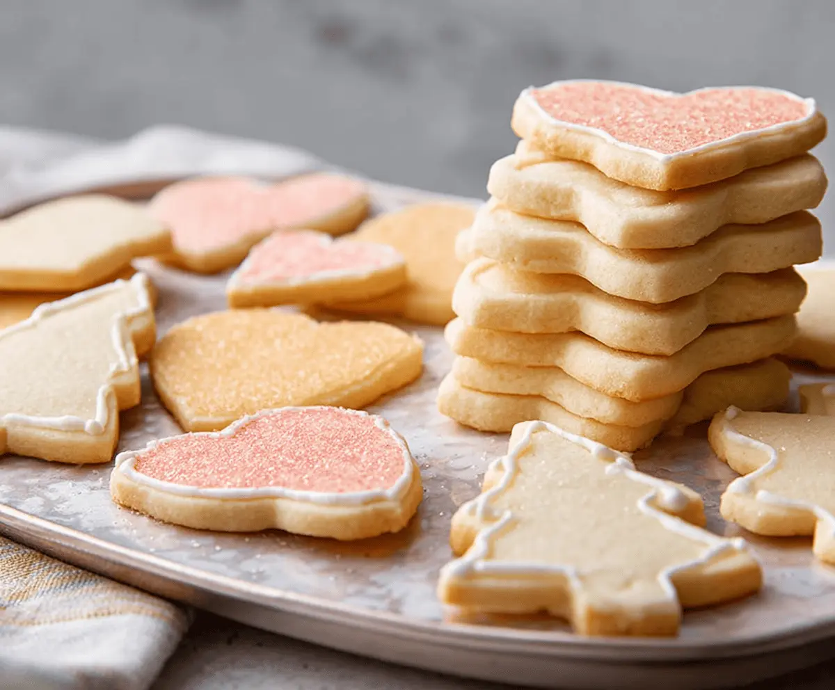 Homemade roll-out sugar cookies on a baking sheet ready to be decorated.