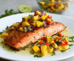 Delicious salmon topped with vibrant, fresh mango salsa for a healthy meal.